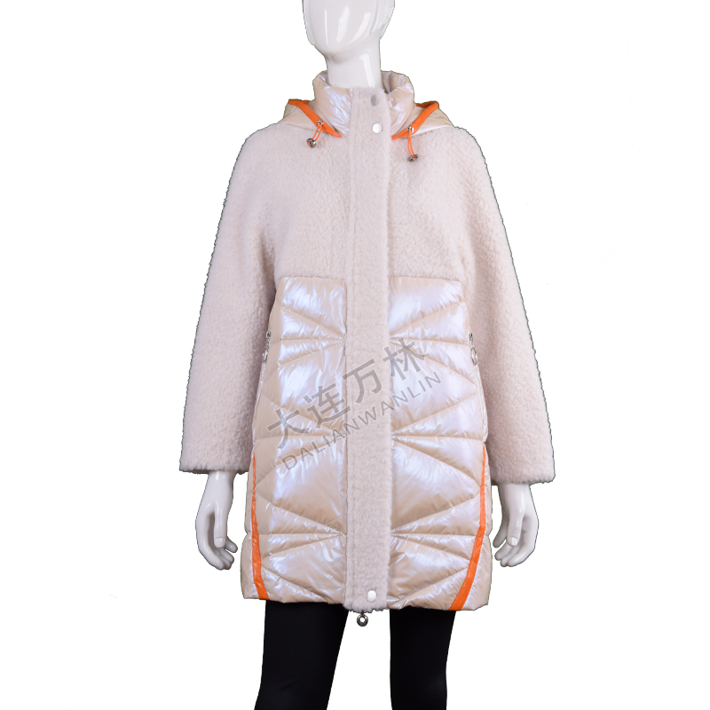 女士羊羔毛拼接連帽羽絨服