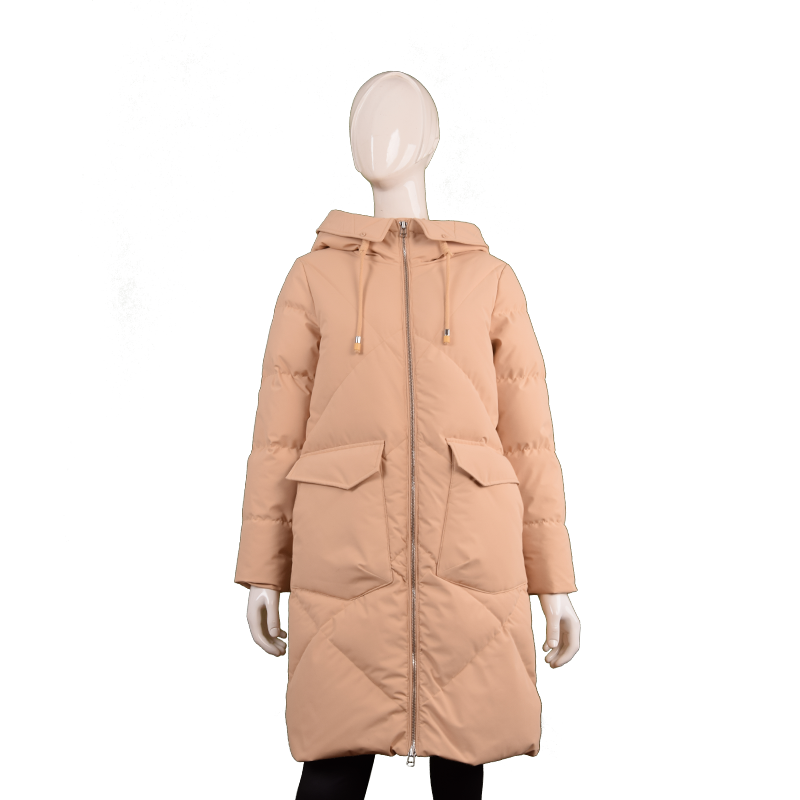女士翻領(lǐng)連帽純色長(zhǎng)款羽絨服